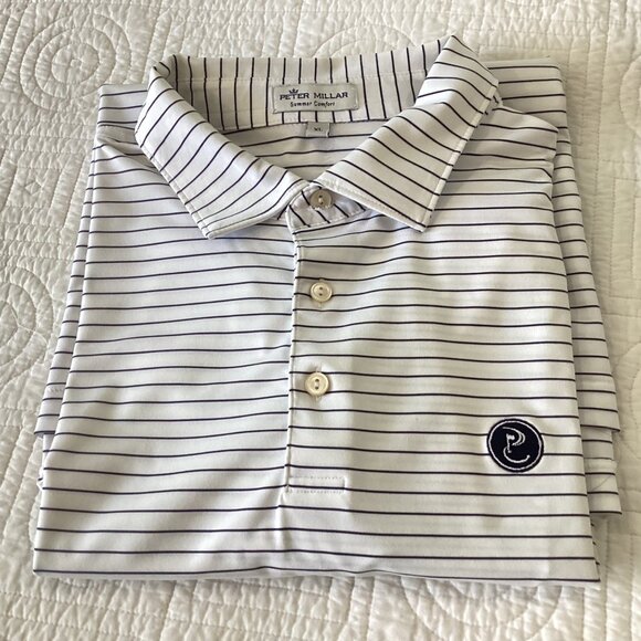 Peter Millar Summer Comfort Polo Shirt XL White & Navy Striped Short Sleeve Mens - Picture 11 of 13